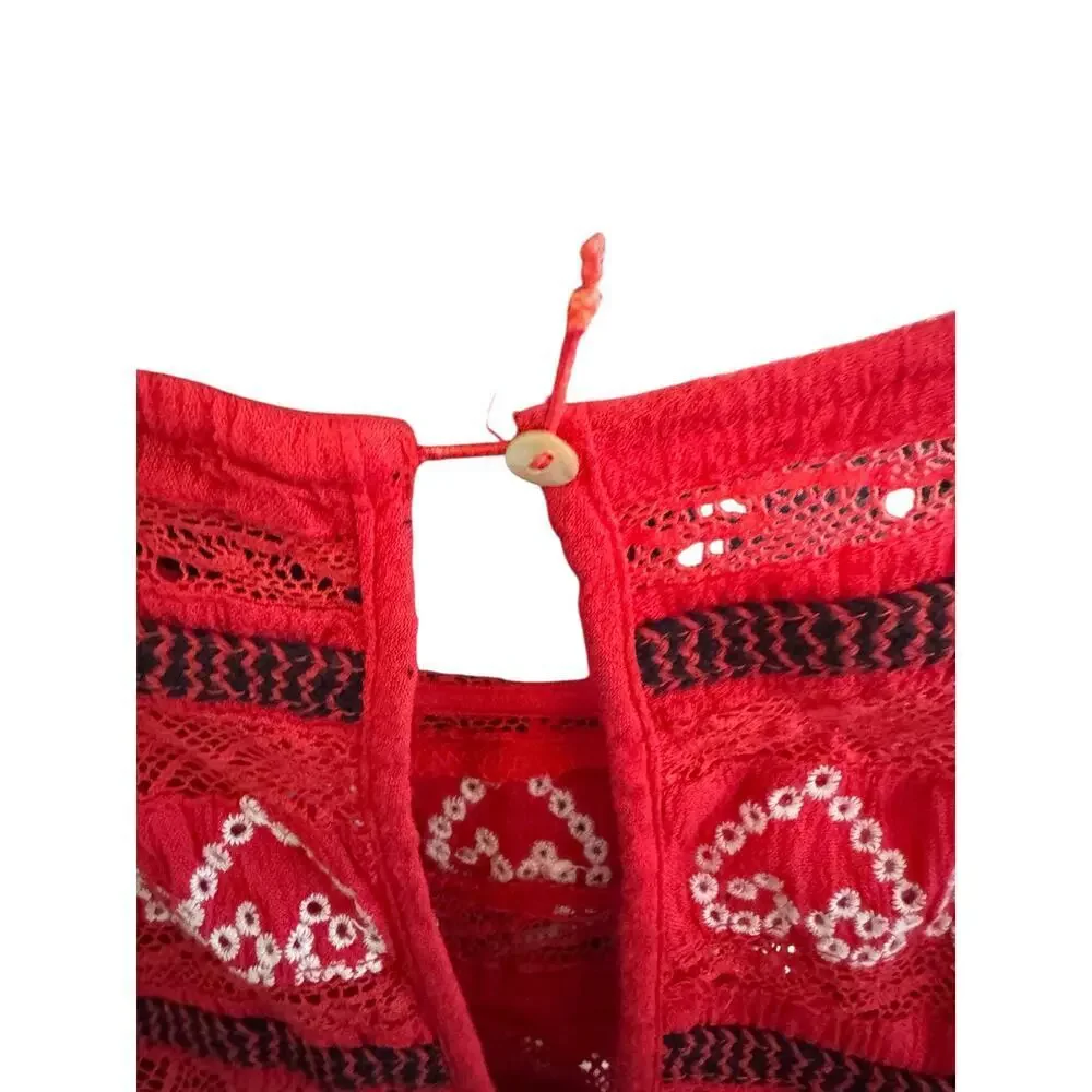 Free People Red Boho‎ Embroidered Lace Peasant Top Women’s Size S